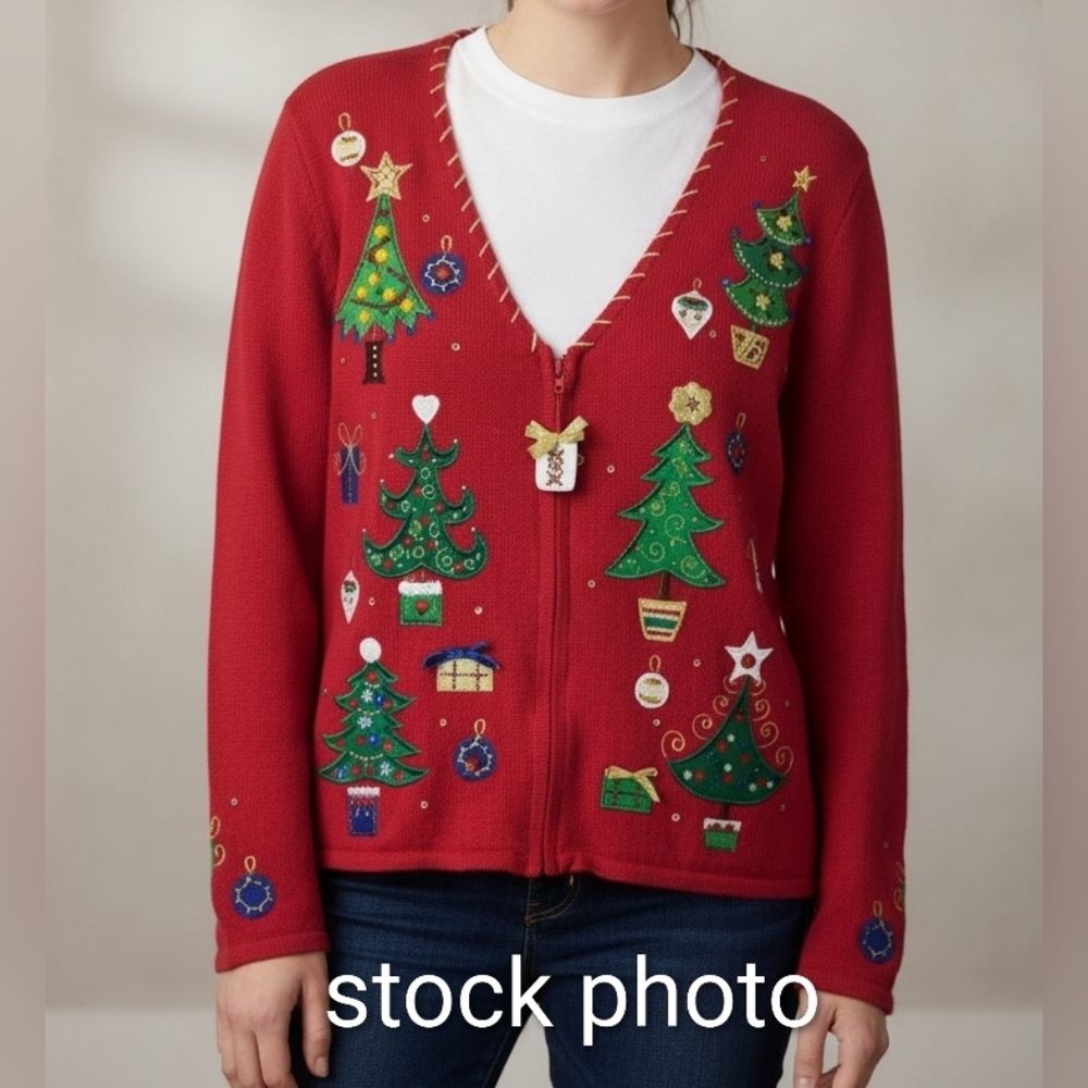 Tiara International Christmas Collection Size XL Beaded/Sequin Cardigan Sweater
